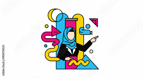 Muslim businesswoman in hijab presenting with abstract geometric shapes, symbolizing guidance, innovation, and professional development in a modern, vibrant style.