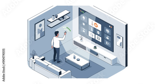 Isometric Living Room with Smart TV and Person Using Remote.