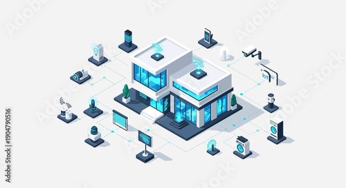 Isometric Smart Building with Connected Devices and Technology.