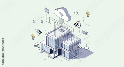 Isometric Smart Home Automation System with Cloud Connectivity and IoT Devices.