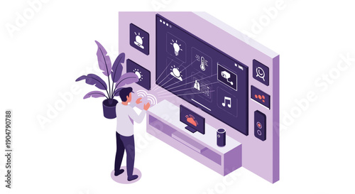 Smart Home Automation Man Interacting with a Large Interactive Display.