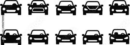 Car front view silhouette icon set with ten distinct vehicle designs symbolizing automotive models, transport, and repair themes