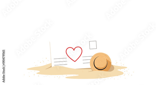 Idyllic summer holiday scene on a pristine sandy beach featuring a classic straw hat and a sentimental postcard with a