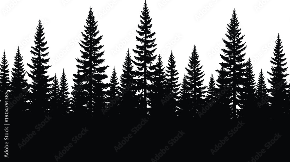 Fototapeta premium Black pine forest silhouette, coniferous tree landscape border, evergreen spruce and fir woods vector, wild nature timberland scenery, outdoor mountain background.