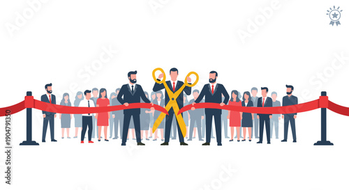 Grand opening ceremony featuring a diverse group of business professionals celebrating a significant milestone, with