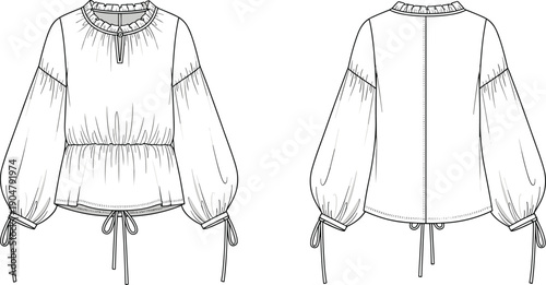 Technical fashion illustration of sleeveless dress with ruffled straps, gathered bodice, button-back closure — front and back views