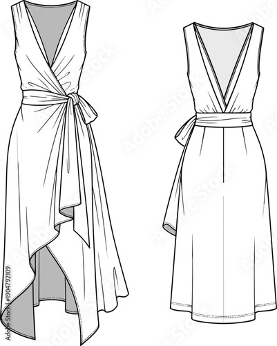 Technical fashion illustration of sleeveless wrap dress with deep V-neckline, sash tie waist, asymmetrical hem — front and back views