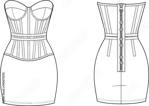 Technical fashion illustration of strapless corset dress with boning, defined cups, waistband, zipper back — front and back views