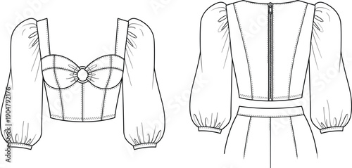 Technical fashion illustration of sweetheart neckline top with puff sleeves, ruched bust ring detail, and zippered back.