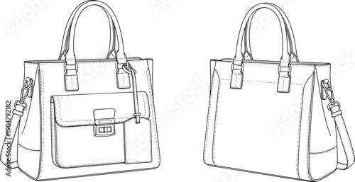 Technical fashion illustration of structured handbag with top handles, flap pocket, shoulder strap — front and back views