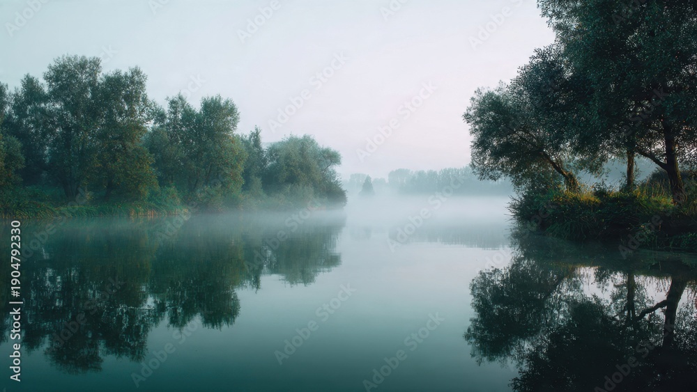 Obraz premium Foggy River Landscape with Reflections
