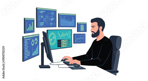 Bearded man intently analyzing complex data on multiple computer screens, surrounded by charts and graphs, showcasing