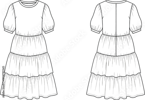 Technical fashion illustration of tiered dress with puff sleeves, round neckline, gathered tiers — front and back views