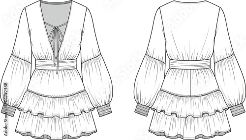 Technical fashion illustration of tiered dress with deep V-neck, tie front, puff sleeves, gathered cuffs, and ruffled hem.