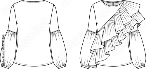 Technical fashion illustration of women's blouse with diagonal pleated ruffle, puff sleeves, gathered cuffs, and plain back view.