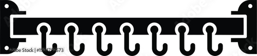 A black and white icon illustration of a wall-mounted rack with multiple hooks for hanging various items.