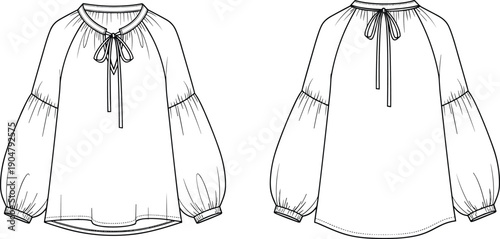 Technical fashion illustration of women's blouse with ribbon-tied keyhole neckline, puff sleeves, fitted cuffs, and relaxed curved hem.