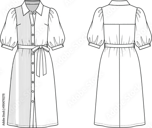 Technical fashion illustration of women's dress with collar, puff sleeves, tie waist, pleated skirt, and back yoke seam.