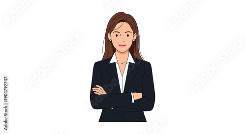 Confident and professional young businesswoman in a tailored suit with crossed arms, smiling warmly, showcasing