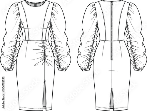 Technical fashion illustration of women's dress with ruched sleeves, pleated bodice, front slit, and zippered back design.