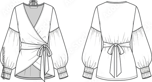 Women wrap blouse fashion technical illustration with front and back views, long puff sleeves, tie waist belt, elegant feminine top design