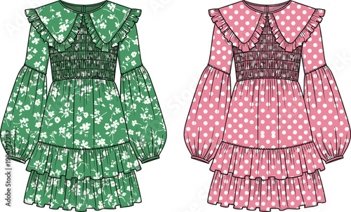 Women blouse fashion technical illustration with front and back views, long puff sleeves, button placket, bow details, fitted waist design