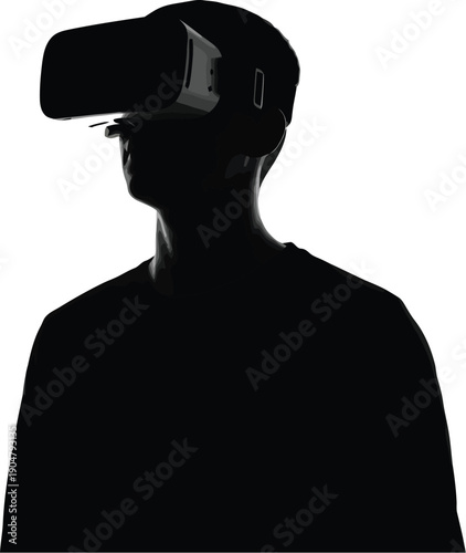 Silhouette of a person wearing a virtual reality headset stands against a white background emphasizing digital immersion.
