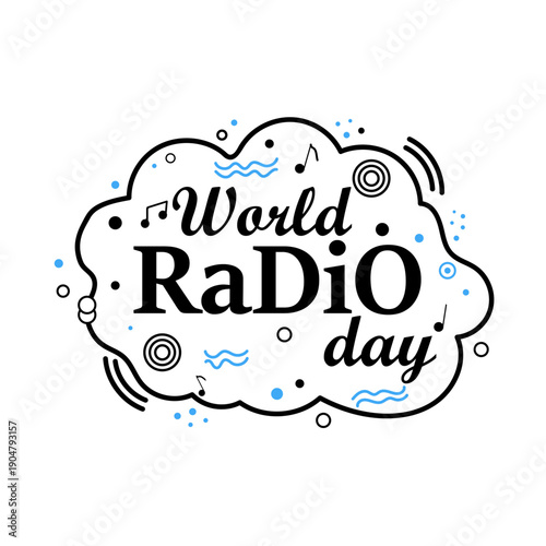 World radio day logo with musical notes and decorative elements