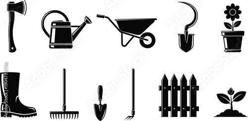 Gardening Silhouette Icon Set with Watering Can Wheelbarrow Shovel Rake Boots Fence and Plant Symbols for Yard and Landscape Designs