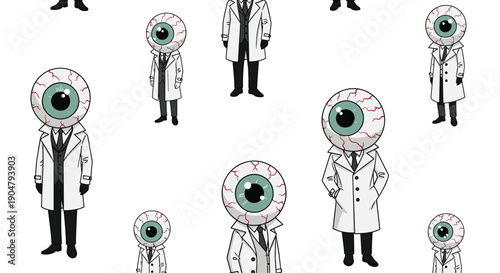Seamless pattern of whimsical eyeball-headed characters in white lab coats and suits, representing continuous