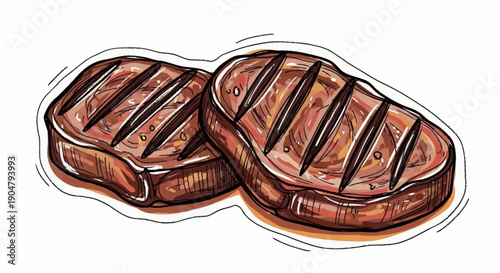 Two grilled steaks with grill marks on a white background.