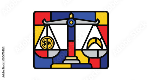 Abstract illustration of a balanced scale weighing money against a crescent moon on a colorful geometric background