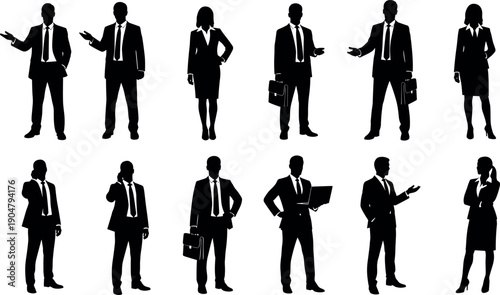 Professional Business People Silhouettes Collection Featuring Corporate Men and Women in Suits with Briefcases Laptops and Mobile Phones for Presentations