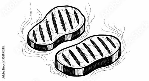 Two grilled steaks with steam illustration.