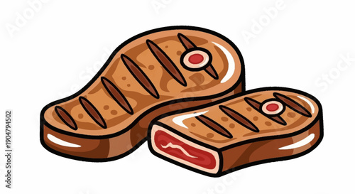 Two grilled t bone steaks with grill marks and juicy red meat.