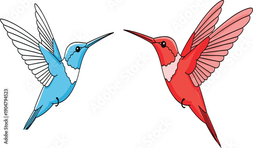 Two colorful hummingbird illustrations in blue and red flying for nature designs, garden themes, spring wildlife art, and bird ornaments