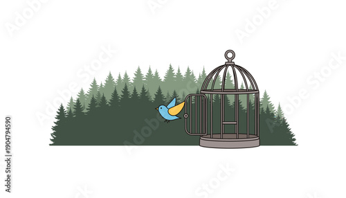 Bird flying free from cage landscape nature