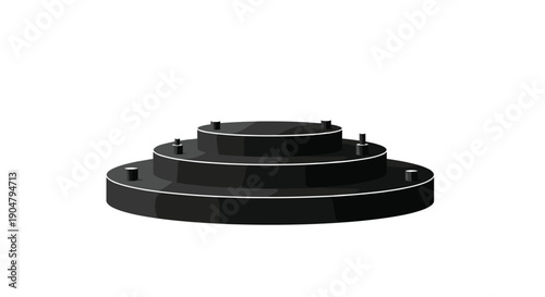 Isolated 3D rendering of a dark grey multi-tiered circular platform, detailed with small cylindrical pins on each level.