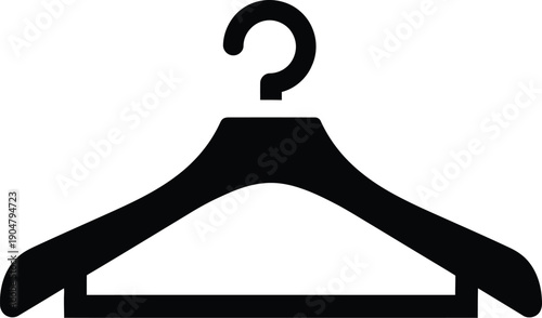 A minimalist black silhouette of a clothes hanger against a clean white background, representing fashion or storage.