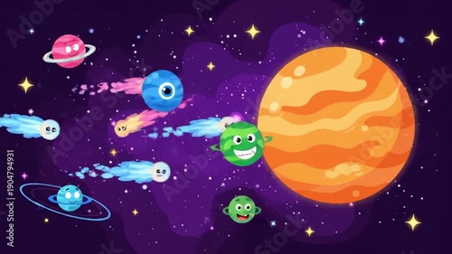 Cartoon Green Spaceship and Blue Spaceship Journey Around a Bright Orange Planet with Swirling Clouds, Tiny Planets, and Shimmering Yellow Stars in a Deep Purple Cosmic Vista