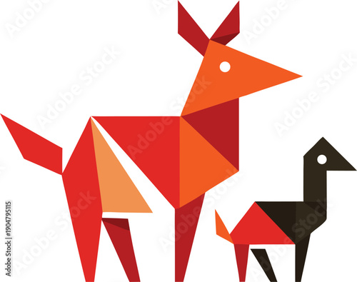 Origami Style Red and Orange Fox and Cub animal wildlife
