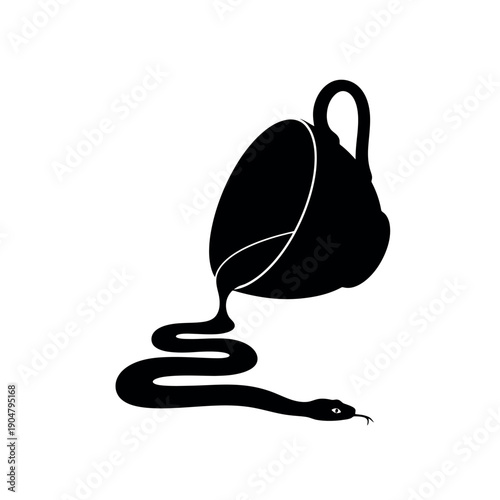 Black silhouette of a tilted coffee cup with a snake emerging from the liquid, abstract vector illustration for themes of danger or betrayal.