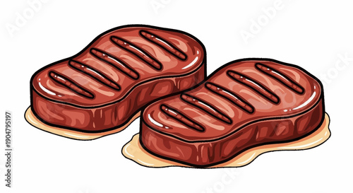 Two juicy grilled steaks with grill marks on white background.