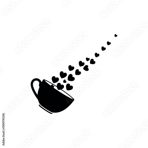 Tilted coffee cup spilling a trail of black hearts, symbolizing love and affection pouring out.