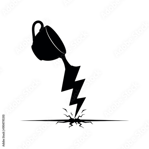 Coffee cup pouring lightning bolts that crack the ground, representing energy or sudden impact.