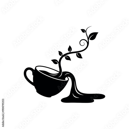 A plant sprouts from a coffee cup spilling its contents, symbolizing growth and organic development.