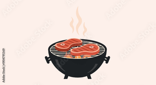 Two juicy steaks cooking on a barbecue grill with flames.