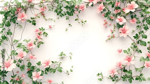 A focused view of realistic bower vine, with soft pink flowers blooming along thin, intertwining stems and lush foliage 