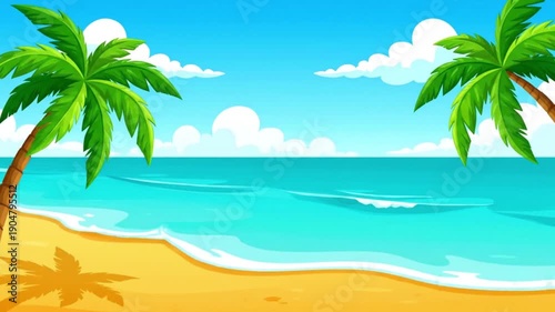 Sunlit relaxation on a tropical beach captured in a digital illustration, showing a bright blue sky, turquoise ocean, and sandy shore with palm trees from a panoramic seaside viewpoint