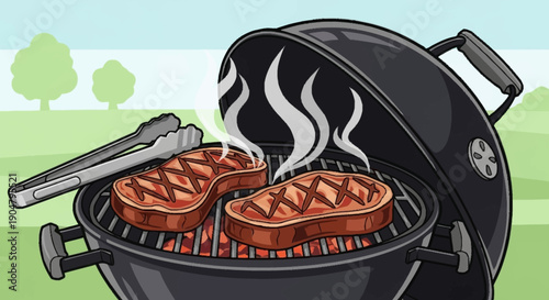 Two juicy steaks cooking on a barbecue grill with tongs.